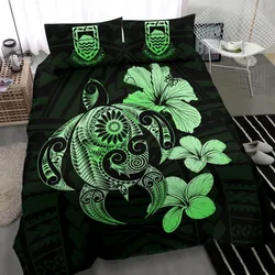 Alohawaii Bedding Set - Cover and Pillow Cases Tuvalu Islands Hibiscus Plumeria Mix Polynesian Turtle Green J1
