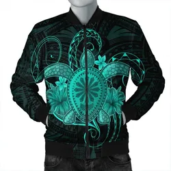 Hawaii Turtle Hibiscus Polynesian Bomber Jacket - Full Style - Turquoise - AH