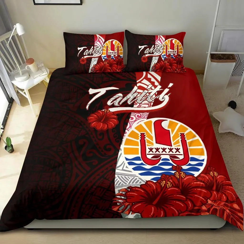Tahiti Polynesian Bedding Set - Coat Of Arm With Hibiscus