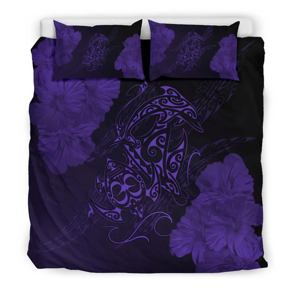 Hawaiian Hibiscus Dolphin Manta Ray Turtle Polynesian Bedding Set Waves Purple - AH - J5