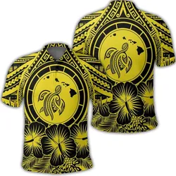 Hawaiian Map Honu Hibiscus Tropic Yellow Polynesian Polo Shirt - AH