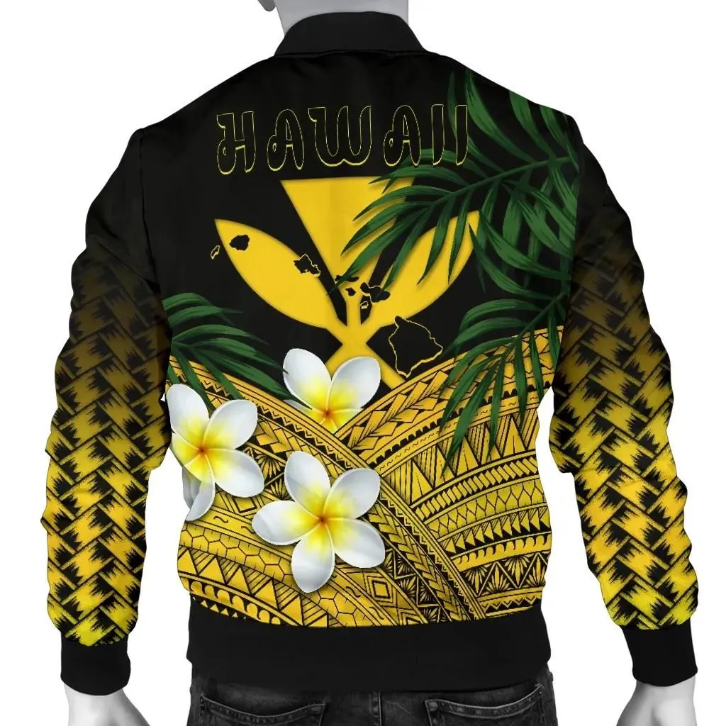 Kanaka Maoli (Hawaiian) Men's Bomber Jacket, Polynesian Plumeria Banana Leaves Yellow A02