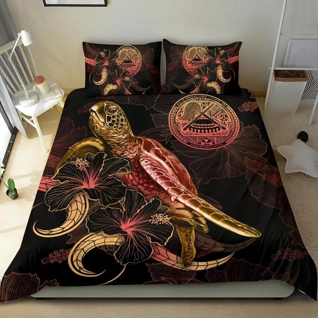 American Samoa Polynesian Bedding Set - Turtle With Blooming Hibiscus Gold