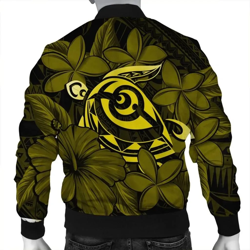 FamilyGaterJacket - Hawaiian Turtle Hibiscus Plumeria Kanaka Polynesian Bomber Jacket Yellow - Soft Style - AH - J4R