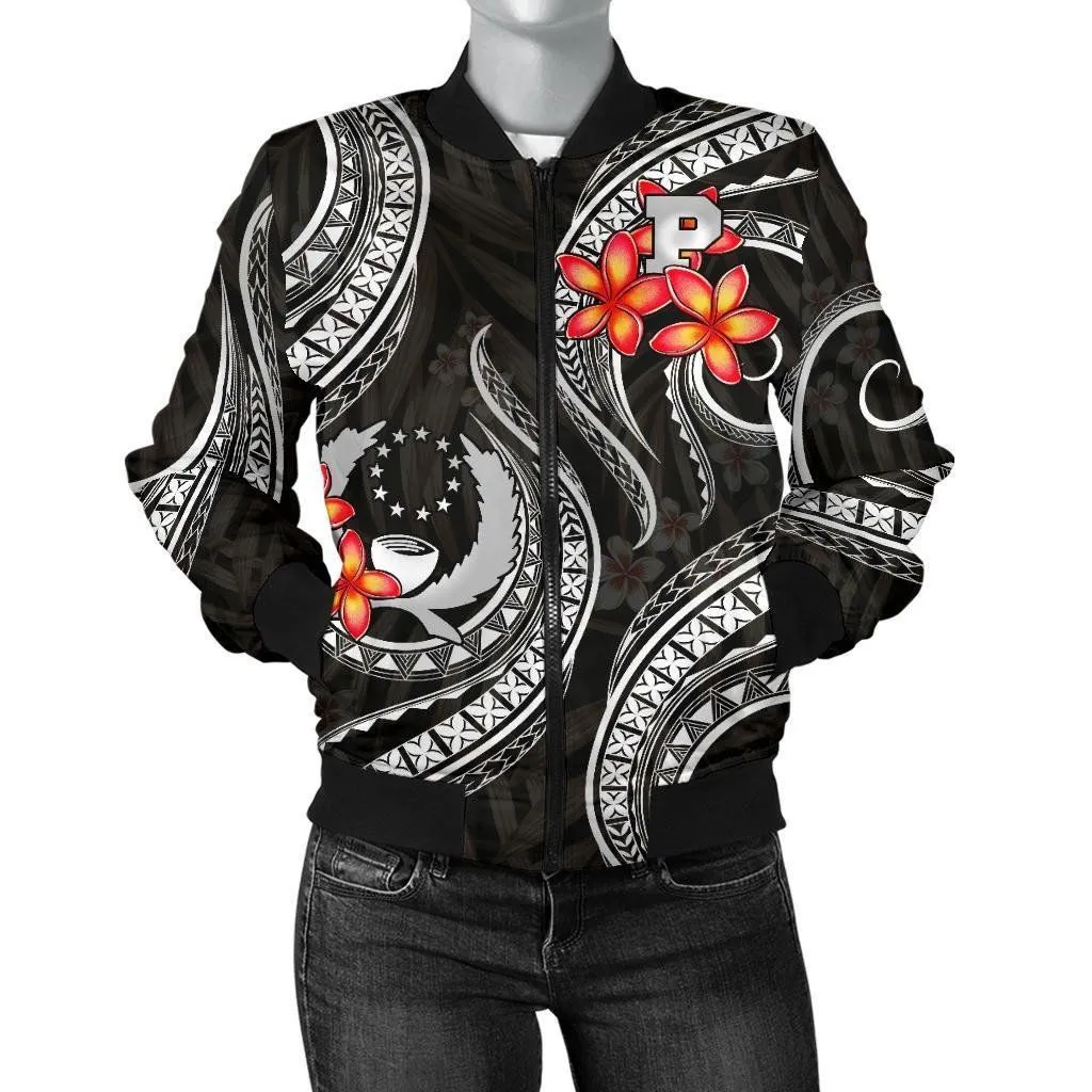 Pohnpei Micronesian Women Bomber Jacket - Black Plumeria - BN11