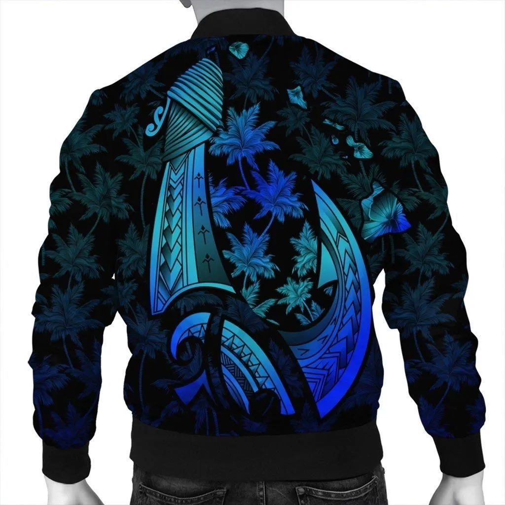 Hawaiian Map Palm Trees Fish Hook Polynesian Quilt Bomber Jacket Colorful Blue