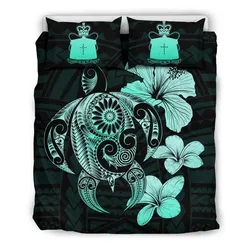 Alohawaii Bedding Set - Cover and Pillow Cases Tokelau Hibiscus Plumeria Mix Polynesian Turquoise Turtle - J1