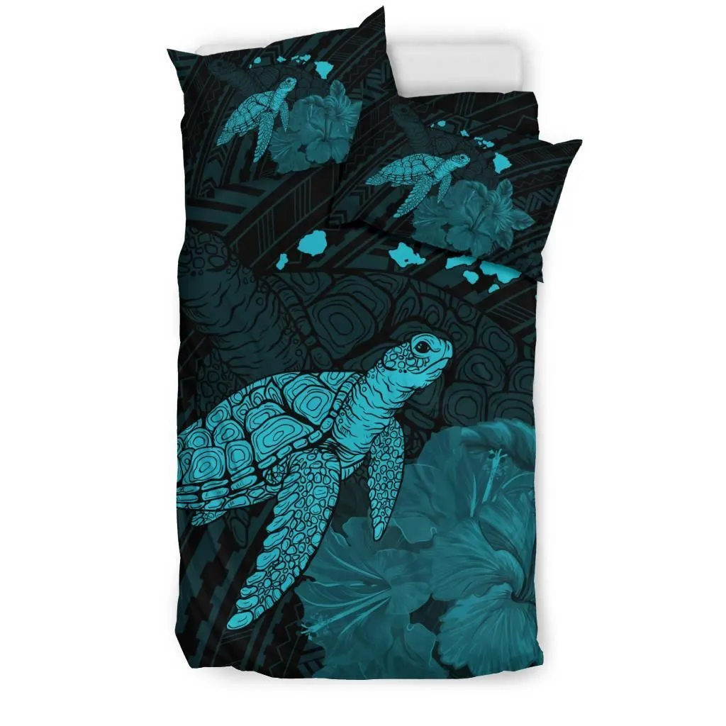 FamilyGater Home Set - Hawaii Polynesian Hibiscus Turtle Map Bedding Set - AH - Blue - J5