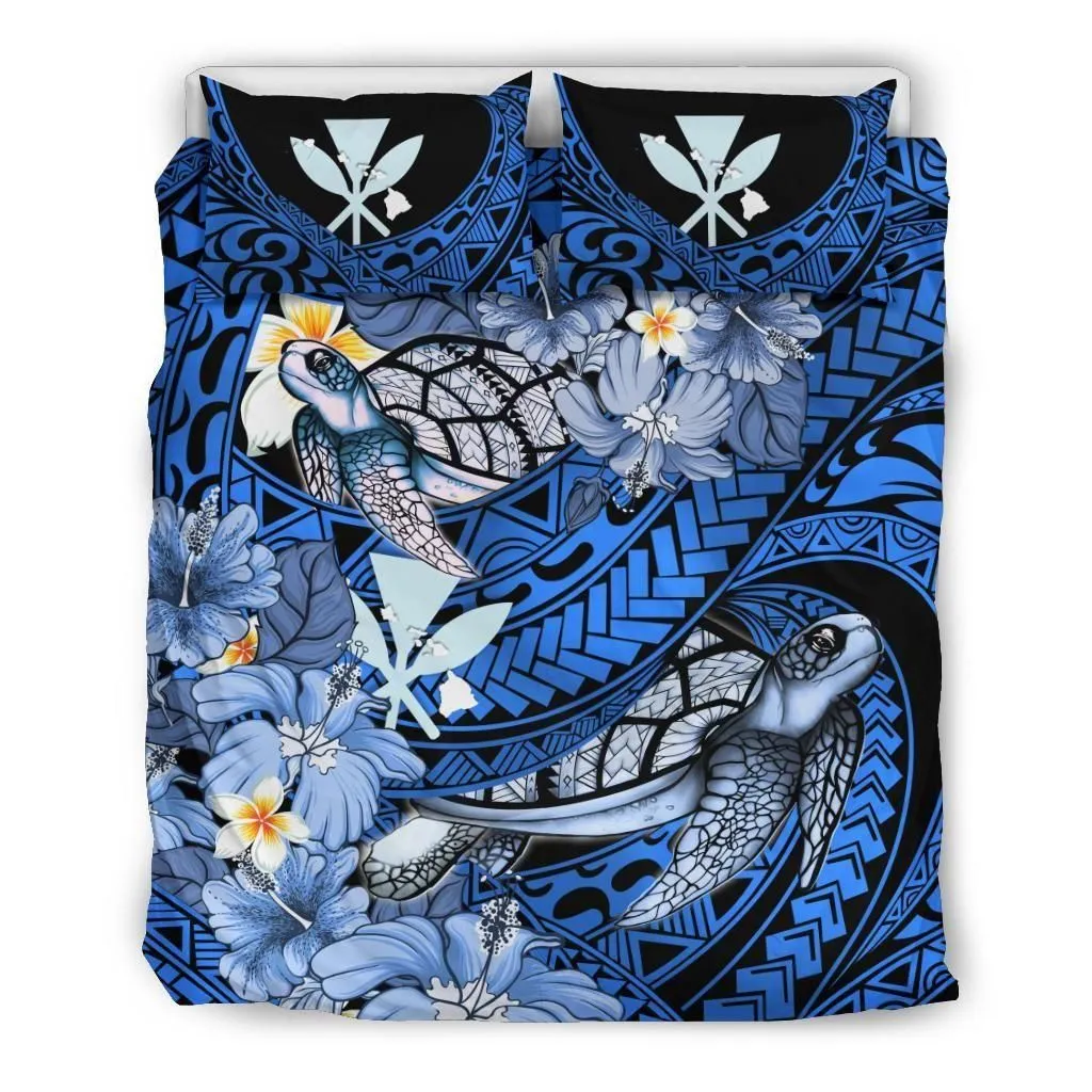 Kanaka Maoli (Hawaiian) Bedding Set - Waves Polynesian Turtle Hibiscus (Dark Blue)