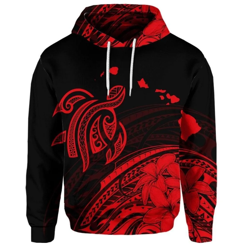 (Personalised) Hawaii Turtle Polynesian Map Plumeria Hoodie Red