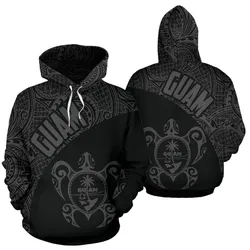 Guam Hoodie - Guam Coat Of Arm in Turtle Polynesian Tattoo Gray