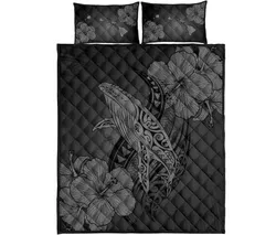Hawaiian Whale Swim Hibiscus Polynesian Quilt Bedding Set - Gray