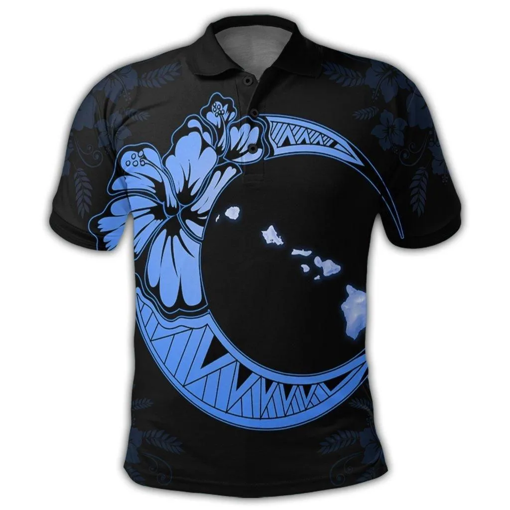 Hawaiian Map Hibiscus Turtle Polynesian Moon Polo Shirt Blue - AH