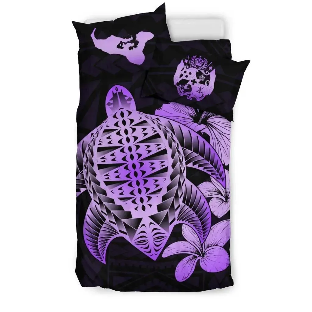 FamilyGater Bedding Set - Cover and Pillow Cases Tongan Hibiscus Plumeria Mix Polynesian Turtle Violet J1