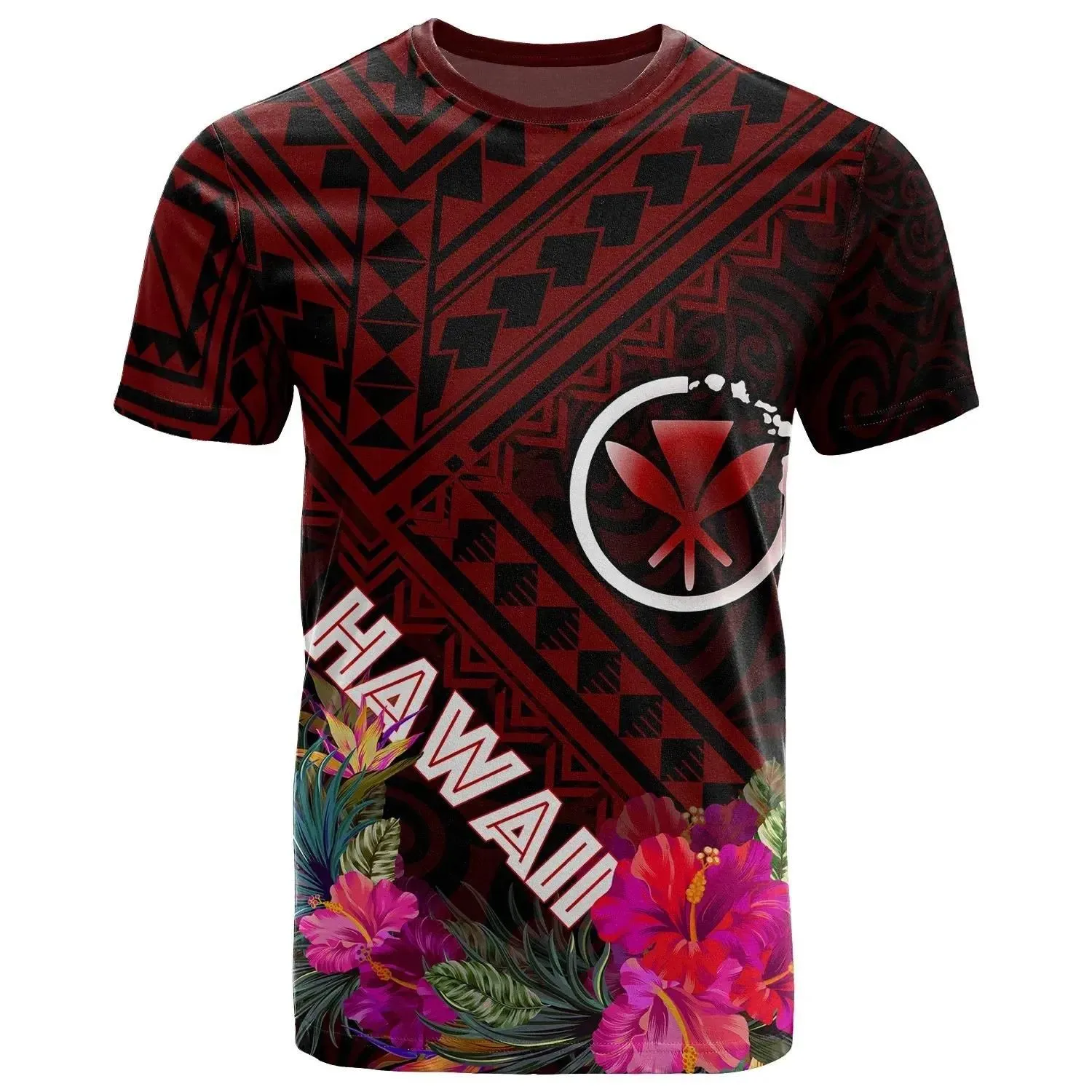 Hawaii T-Shirt - Kanaka Maoli With Hibiscus On Polynesian Patterns (RED) - BN25