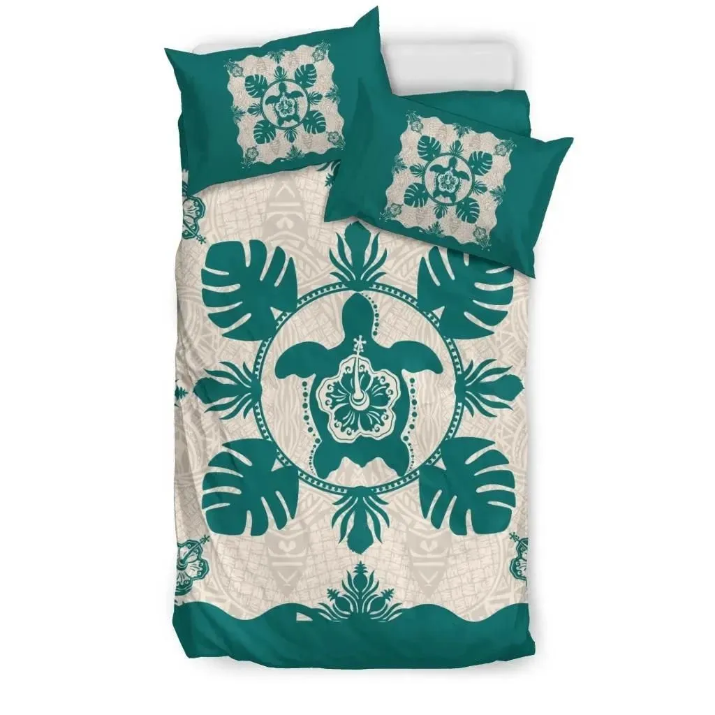 FamilyGater Home Set - Hawaiian Turtle Hibiscus Monstera Polynesian Bedding Set - AH J2