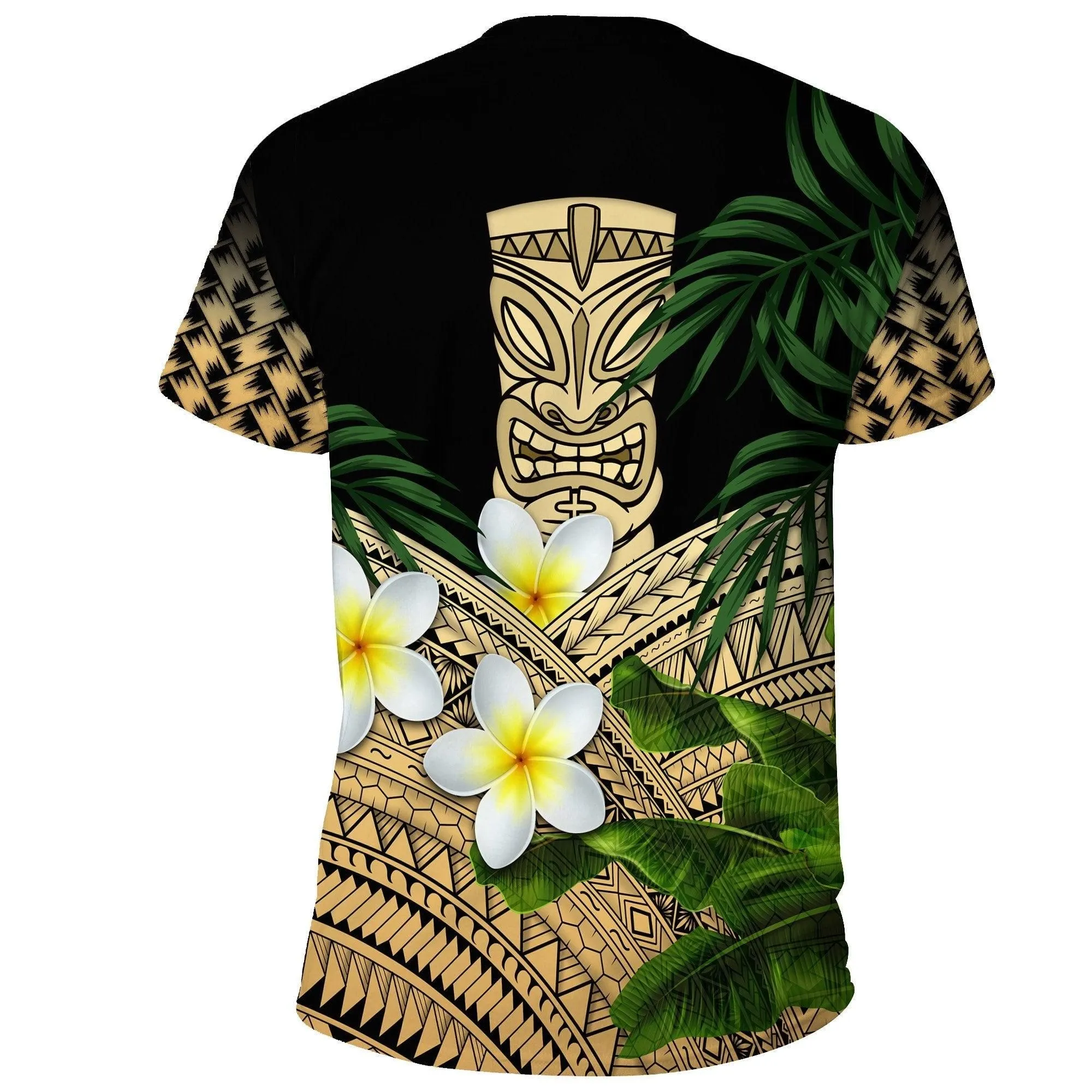 Hawaii T Shirts Polynesian Tiki Plumeria Banana Leaves Gold