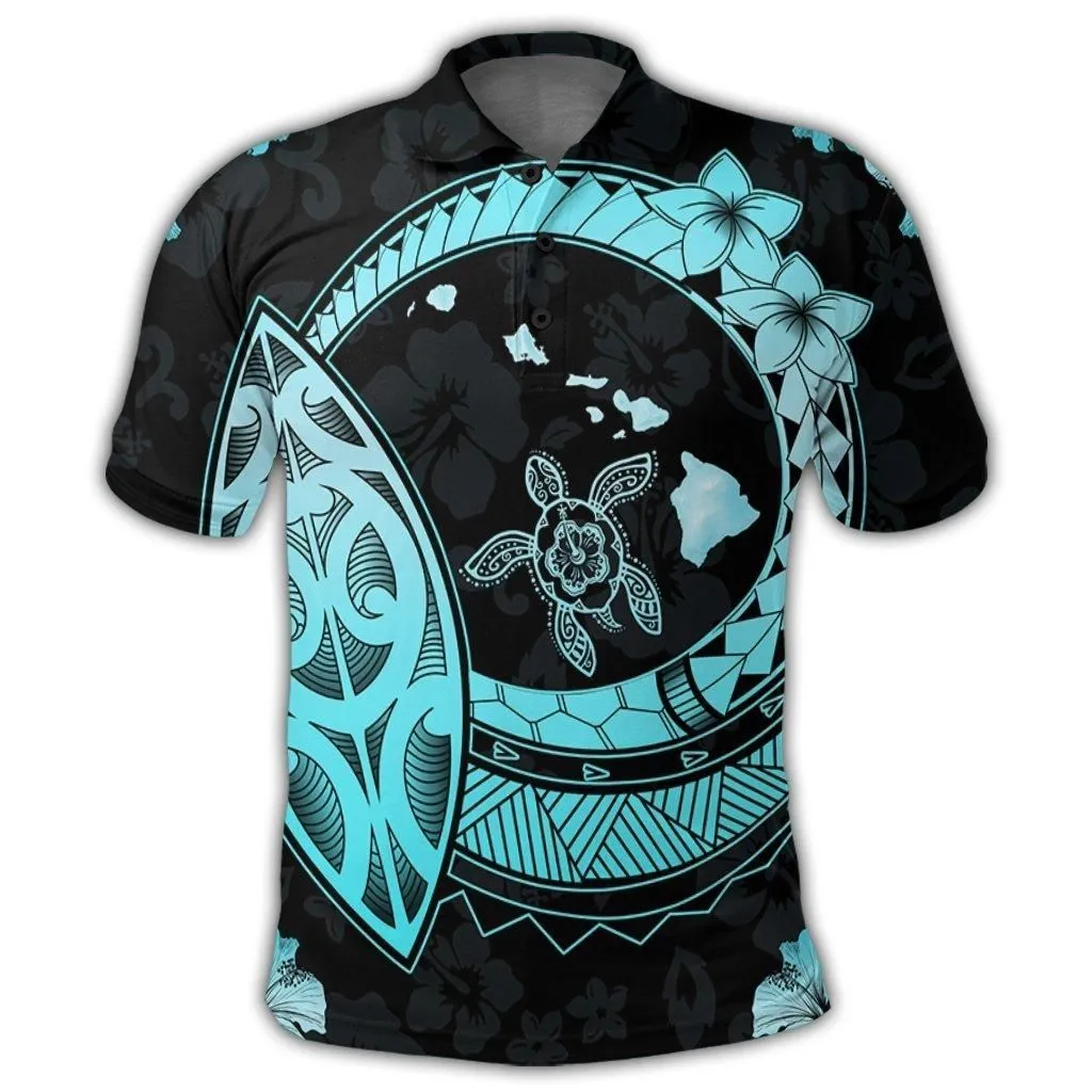 Hawaii Turtle Hibiscus Map Polynesian Polo Shirt Turquoise