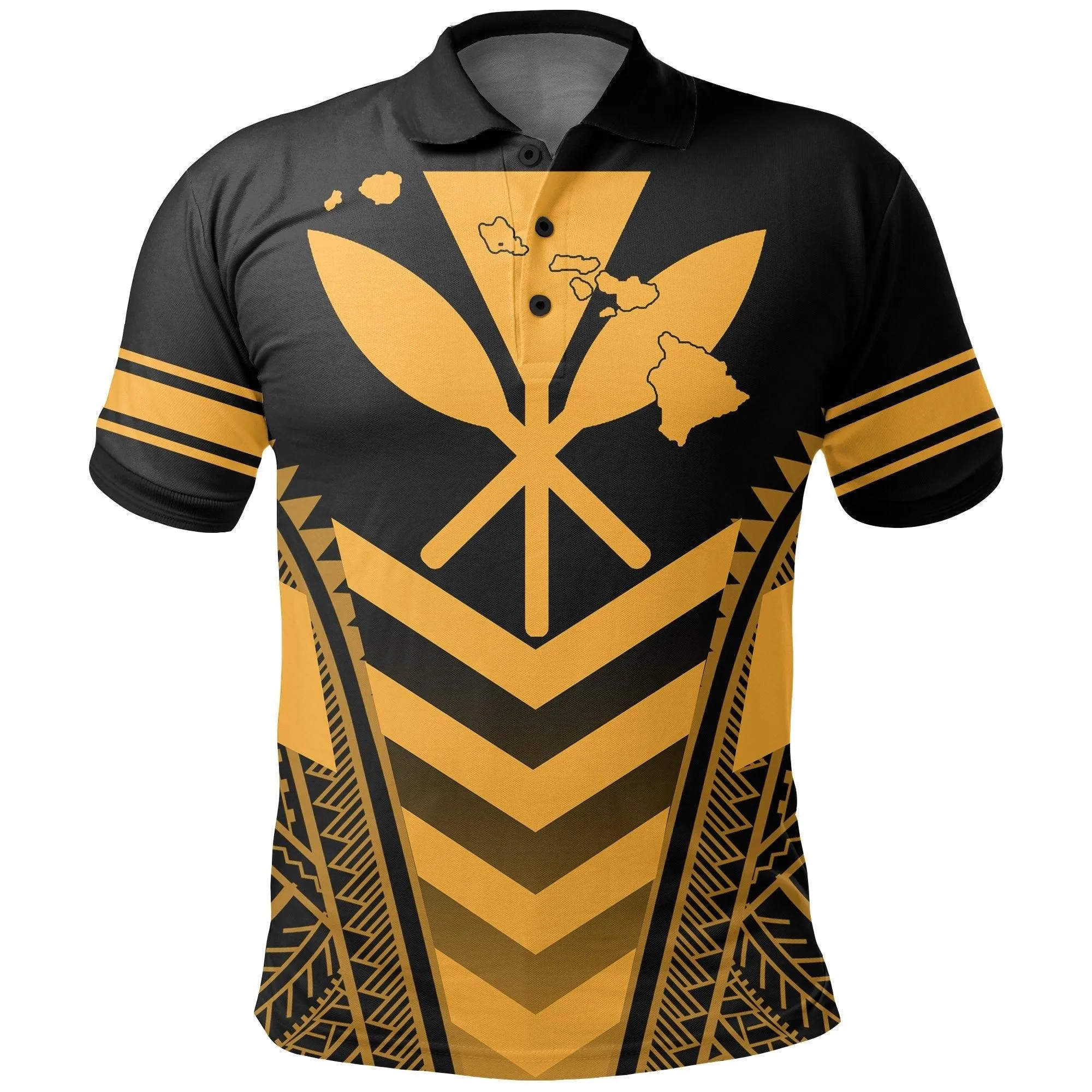 Hawaii Kanaka Map Football Jersey Polynesian Polo Shirt - Black & Yellow - Maris Style - AH