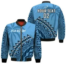 (Custom Text And Number) Fiji Tapa Rugby Bomber Jacket Fijian Cibi Dance Tapa Pattern Blue LT14
