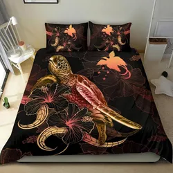 Vibe Hoodie Papua New Guinea Polynesian Bedding Set - Turtle With Blooming Hibiscus Gold