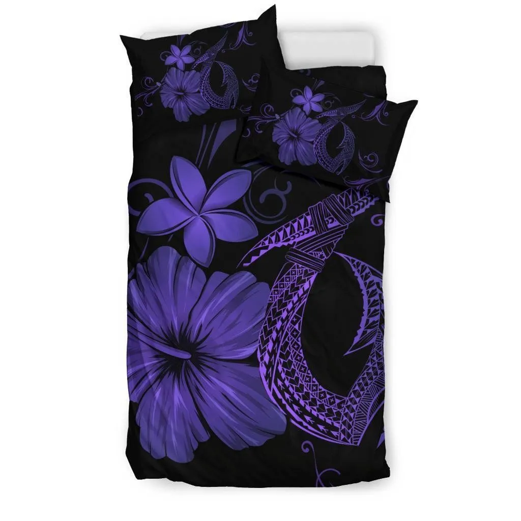 Hawaiian Fish Hook Hibiscus Plumeria Polynesian Bedding Set - Purple - AH J4
