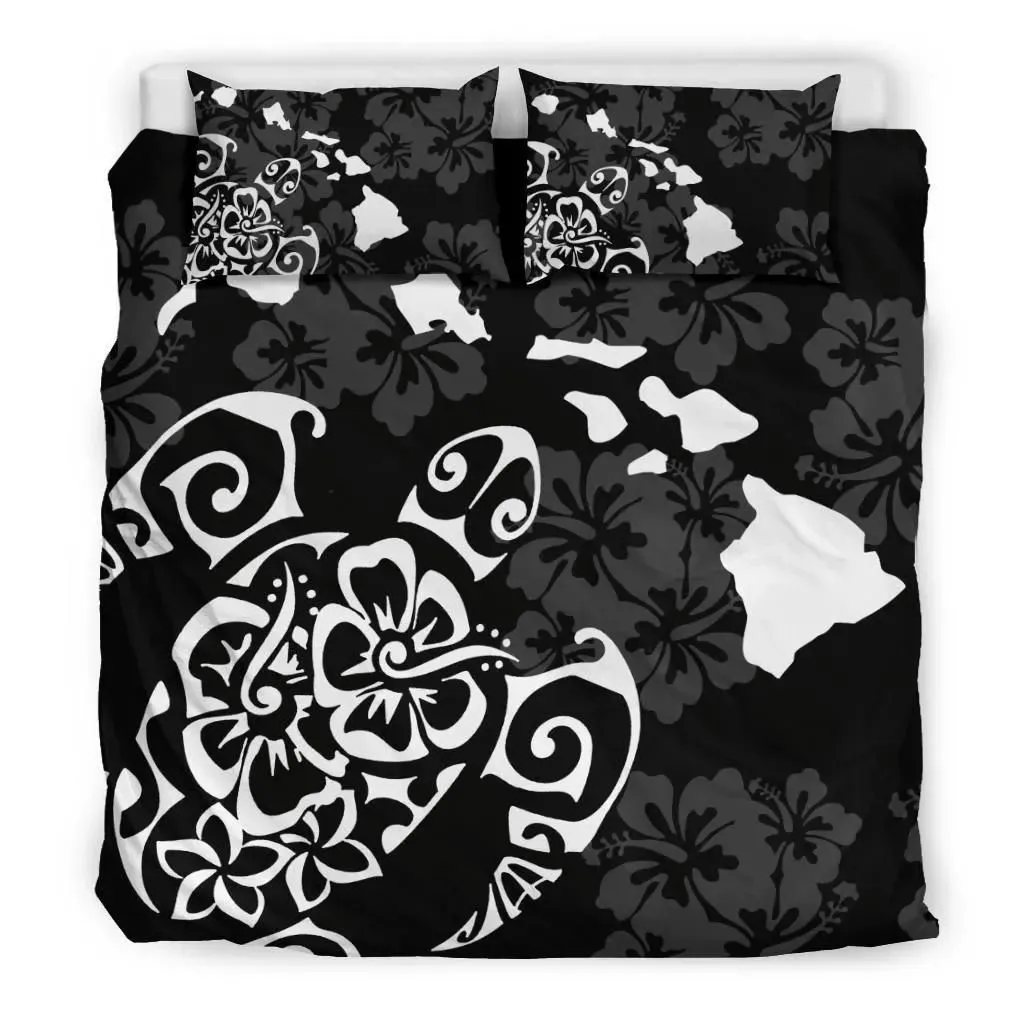 Hawaiian Map Turtle Hibiscus Polynesian White Bedding Set - AH J4