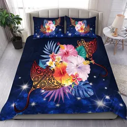 Hawaii Couple Manta Ray Plumeria Hibiscus Tropical Polynesian Bedding Set - Bling Style - AH