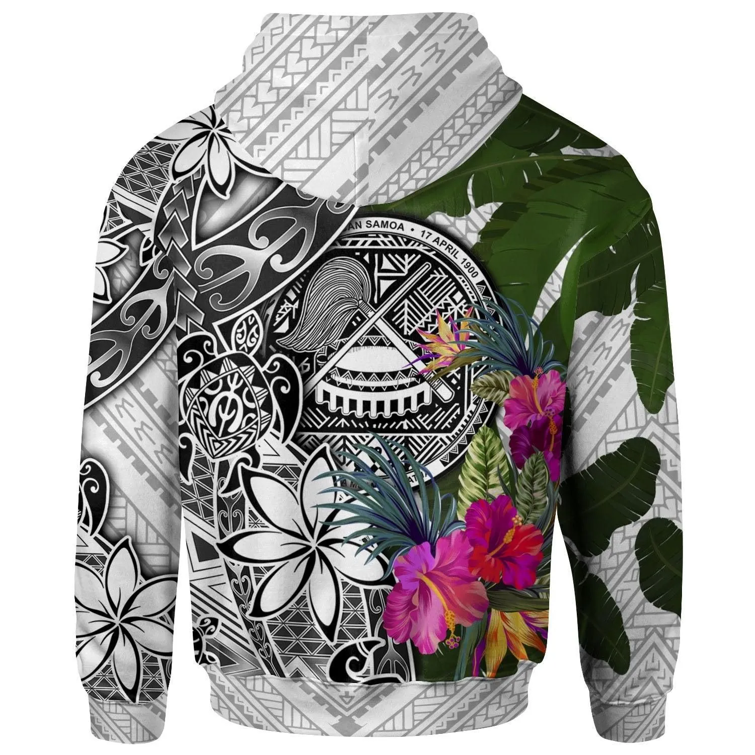 American Samoa Hoodie White - Turtle Plumeria Banana Leaf