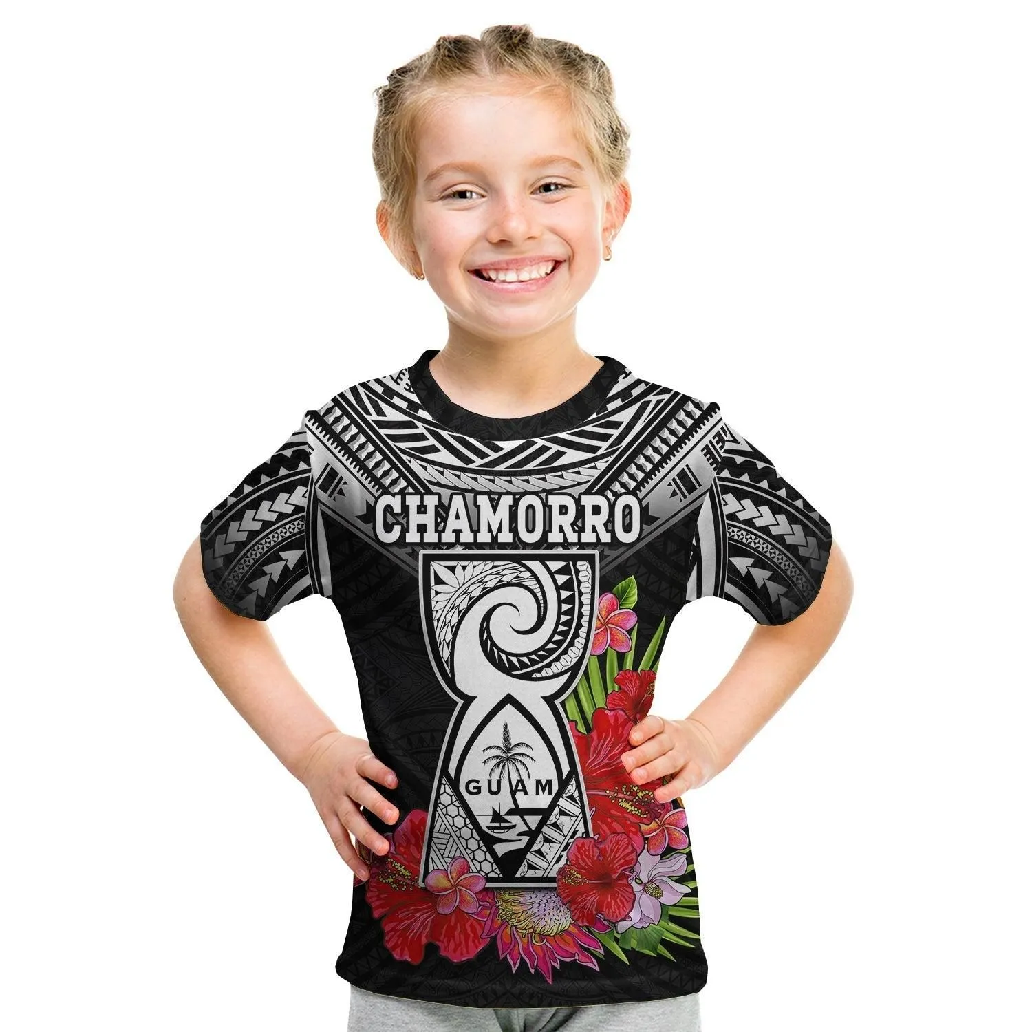 Custom Personalised Guam Chamorro T Shirt KID Guaman Latte Stone Tropical Flowers Black Style LT14