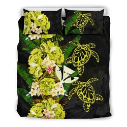 FamilyGater Bedding Set - Cover and Pillow Cases Kanaka Maoli (Hawaiian) - Polynesian Hibiscus Turtle Palm Leaves Yellow A02