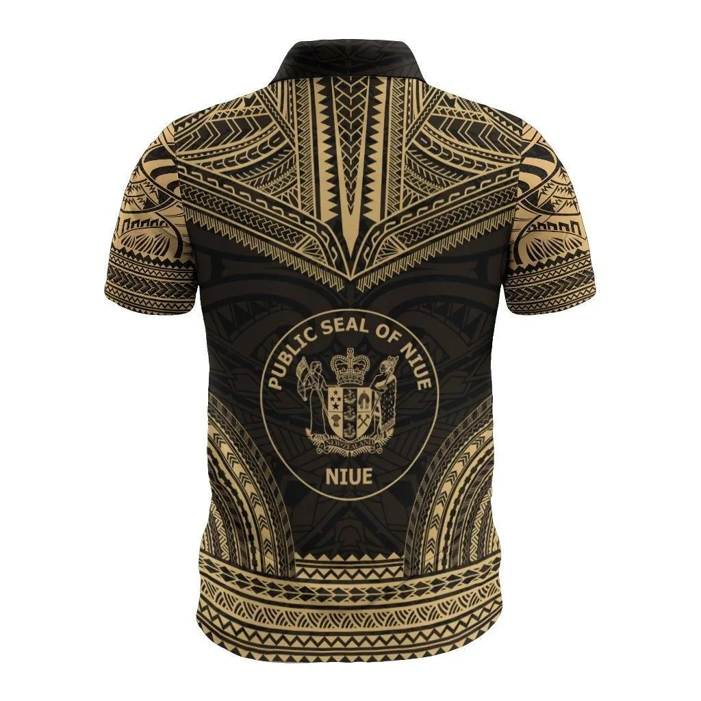 Niue Polo Shirt - Niue Seal Polynesian Chief Tattoo Gold Version