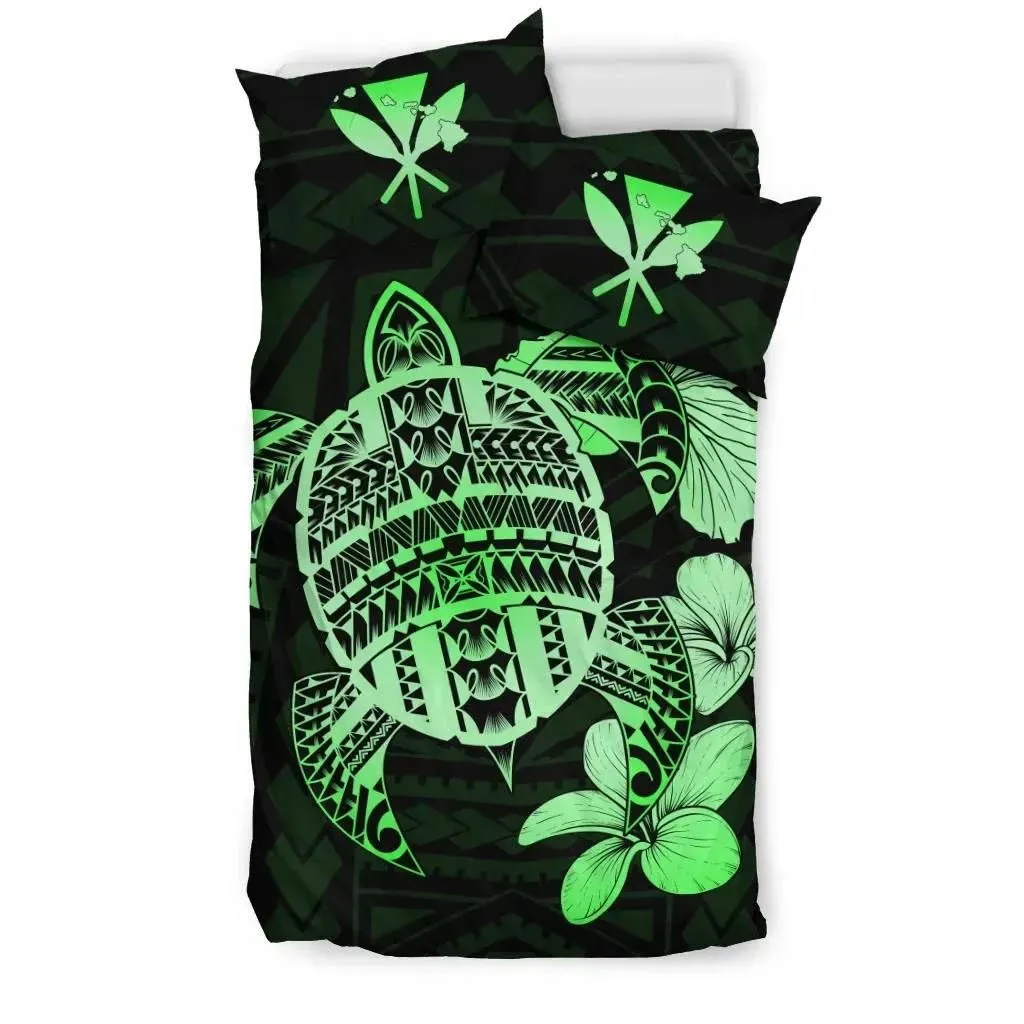 FamilyGater Home Set - Hawaiian Kanaka Hibiscus Plumeria Mix Polynesian Turtle Bedding Set Green AH J1