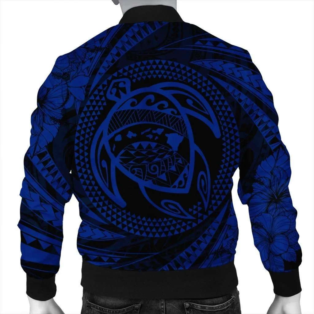 Hawaiian Kanaka Honu Hibiscus Tornando Polynesian Blue Bomber Jacket - AH
