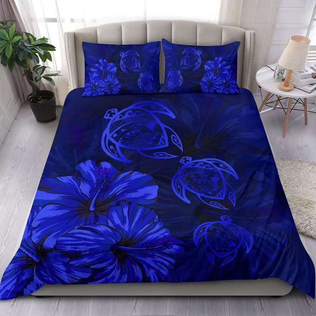 Alohawaii Bedding Set - Cover and Pillow Cases Hawaiian Map Turtle Hibiscus Vintage Polynesian Blue - AH - J9