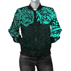 New Zealand Womens Bomber Jacket, Maori Polynesian Tattoo Turquoise