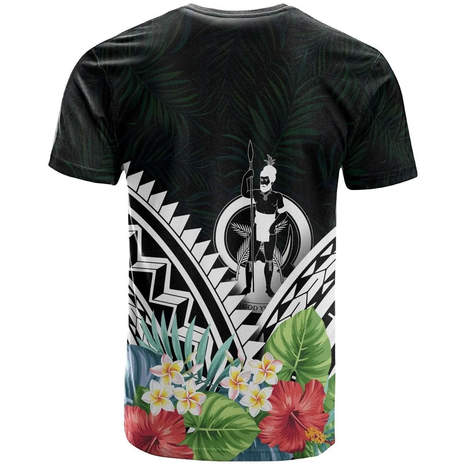 Vanuatu Polynesian T shirts - Vanuatu Coat of Arms and Polynesian Tropical Flowers White