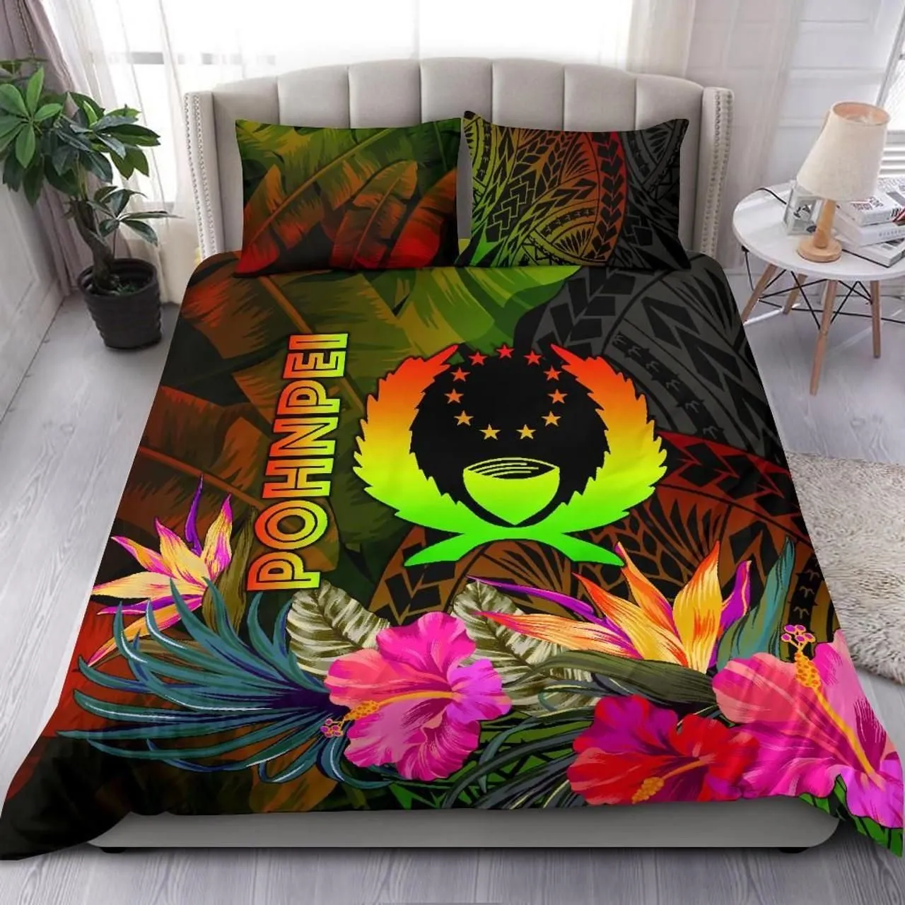Pohnpei Polynesian Bedding Set - Hibiscus And Banana Leaves