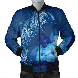 Hawaiian Dolphin Hibiscus Tropic Blue Polynesian Bomber Jacket - AH