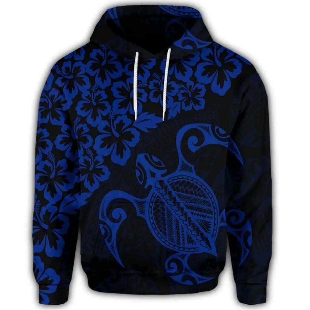 Hawaiian Map Turtle Hibiscus Kanaka Polynesian Hoodie - Blue