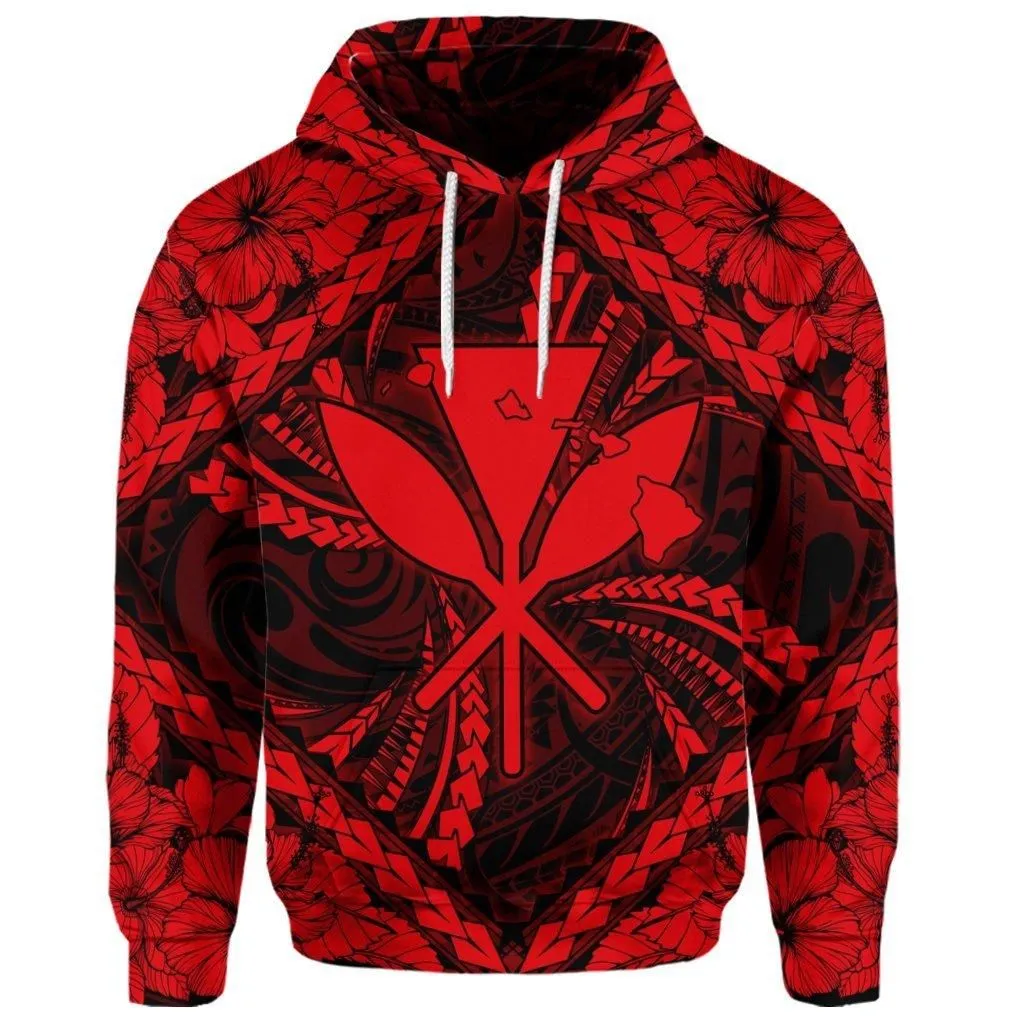 (Personalised) Hawaiian Map Kanaka Hibiscus Red Polynesian Hoodie - AH