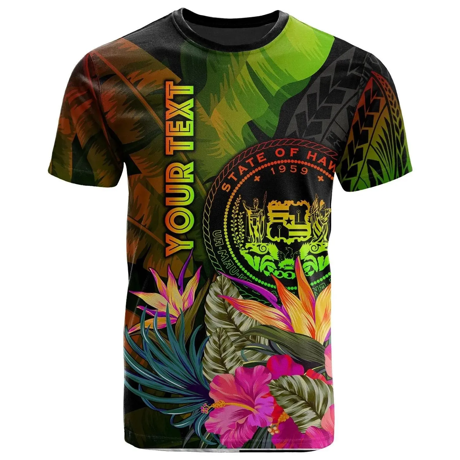Polynesian Hawaii Polynesian Personalised T-Shirt -  Hibiscus and Banana Leaves - BN15