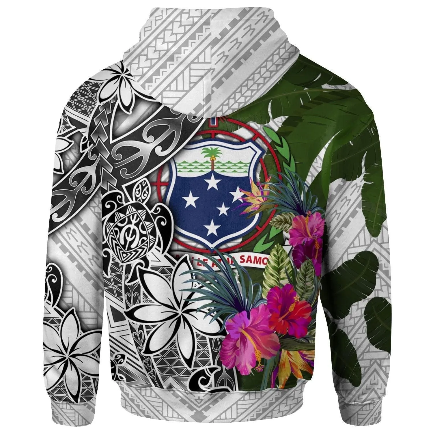 Samoa Hoodie White - Turtle Plumeria Banana Leaf
