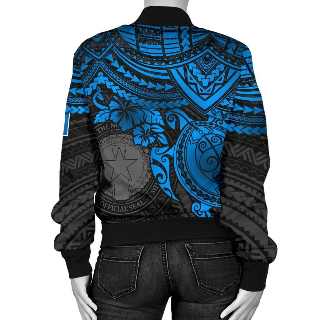 Northern Mariana Islands Polynesian Bomber Jacket (Women) - Blue Turtle - BN1518