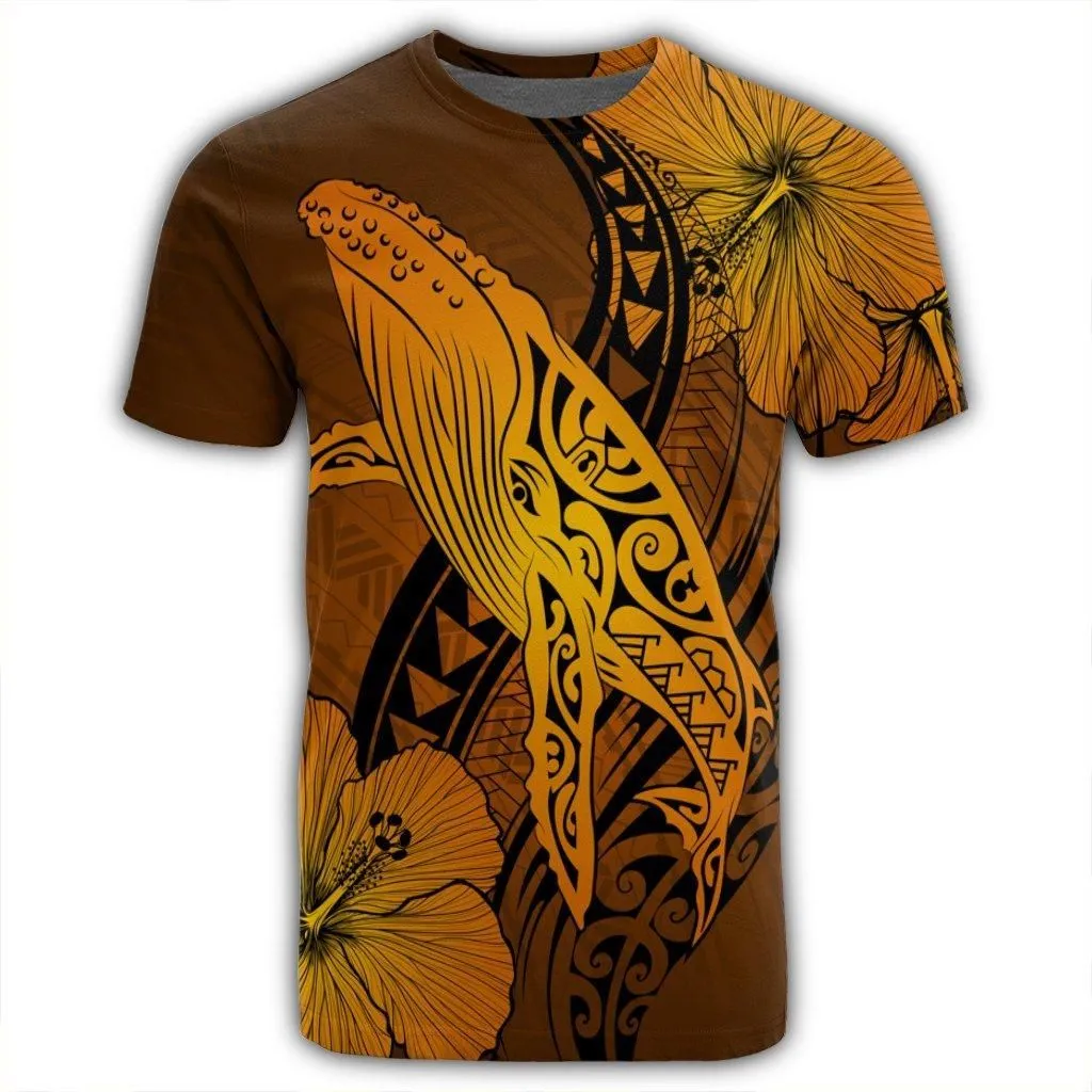 Hawaiian Map Whale Swim Hibiscus Polynesian T-Shirt - Orange - AH