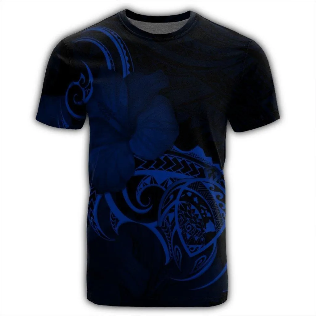Hawaii Map Turtle Hibiscus Divise Polynesian T-Shirt Blue - AH