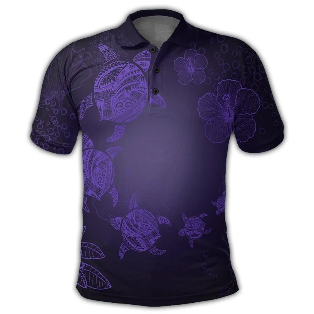 Hawaiian Plumeria Hibiscus Turtle Under Sea Polynesian Polo Shirt Purple AH
