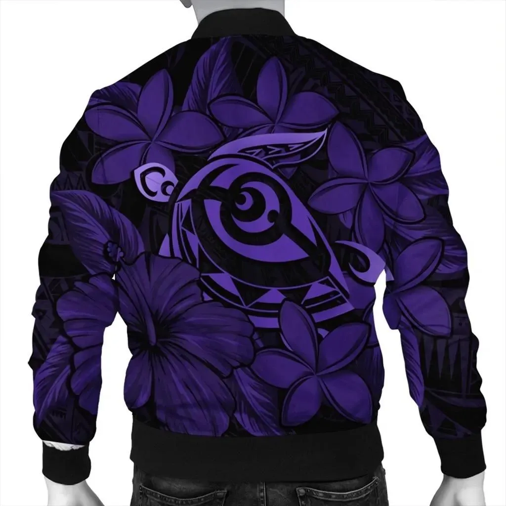 FamilyGater Jacket - Hawaiian Turtle Hibiscus Plumeria Kanaka Polynesian Bomber Jacket Purple - Soft Style - AH - J4R