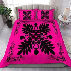 Alohawaii Home Set - Hawaiian Quilt Maui Plant And Hibiscus Pattern Bedding Set - Black Pink - AH J8