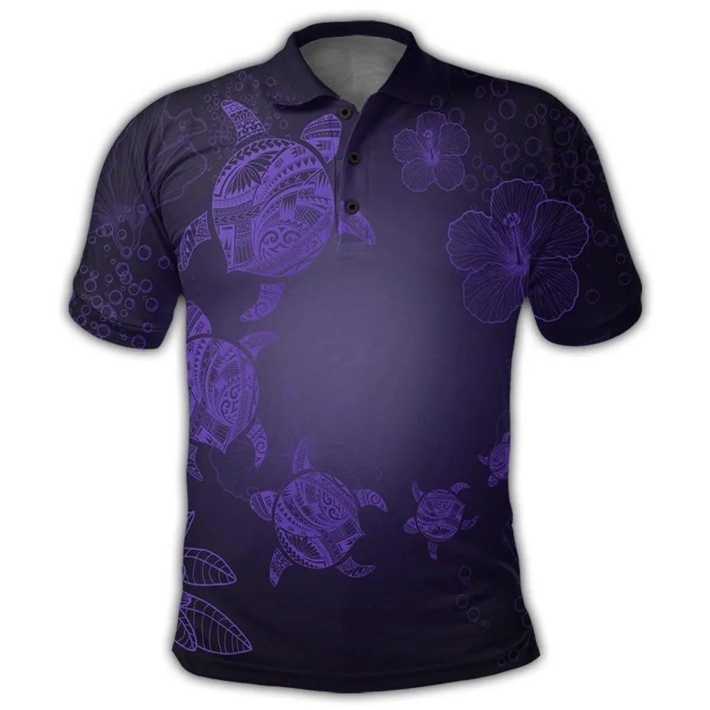 Hawaiian Plumeria Hibiscus Turtle Under Sea Polynesian Polo Shirt Purple
